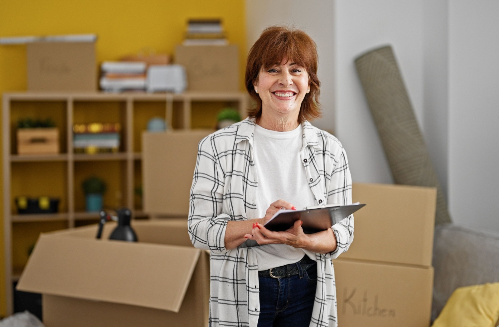 A smiling senior holds a clipboard while packing boxes in their home