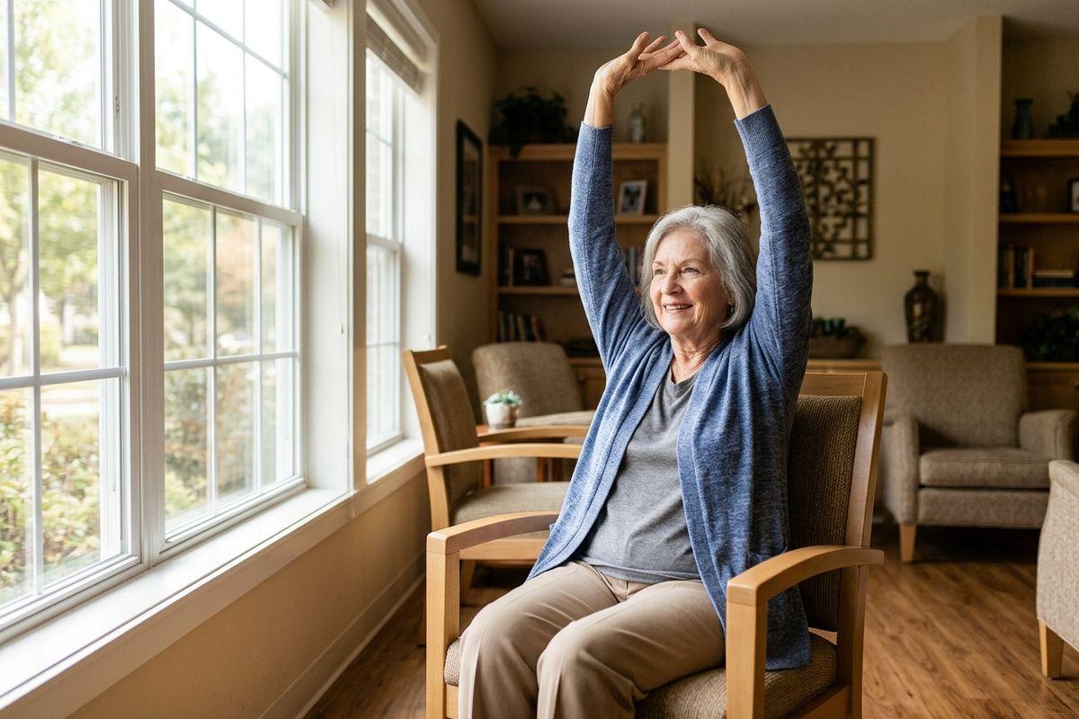 An older adult smiles as they stretch their arms overhead, seated in a wooden chair by a window in a living room.
