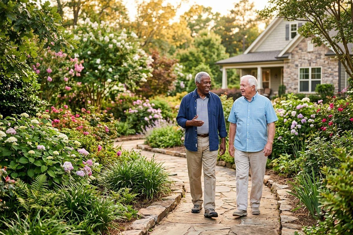 A pair of older adults walking and talking on a stone path through a flowering garden, with a community building in the background.